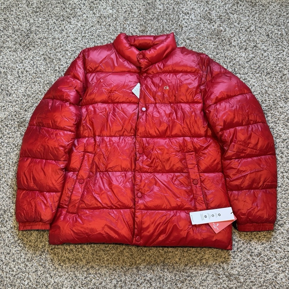 Calvin Klein Full Zip Puffer Jacket Men's Large Red Nylon Water & Wind Resistant